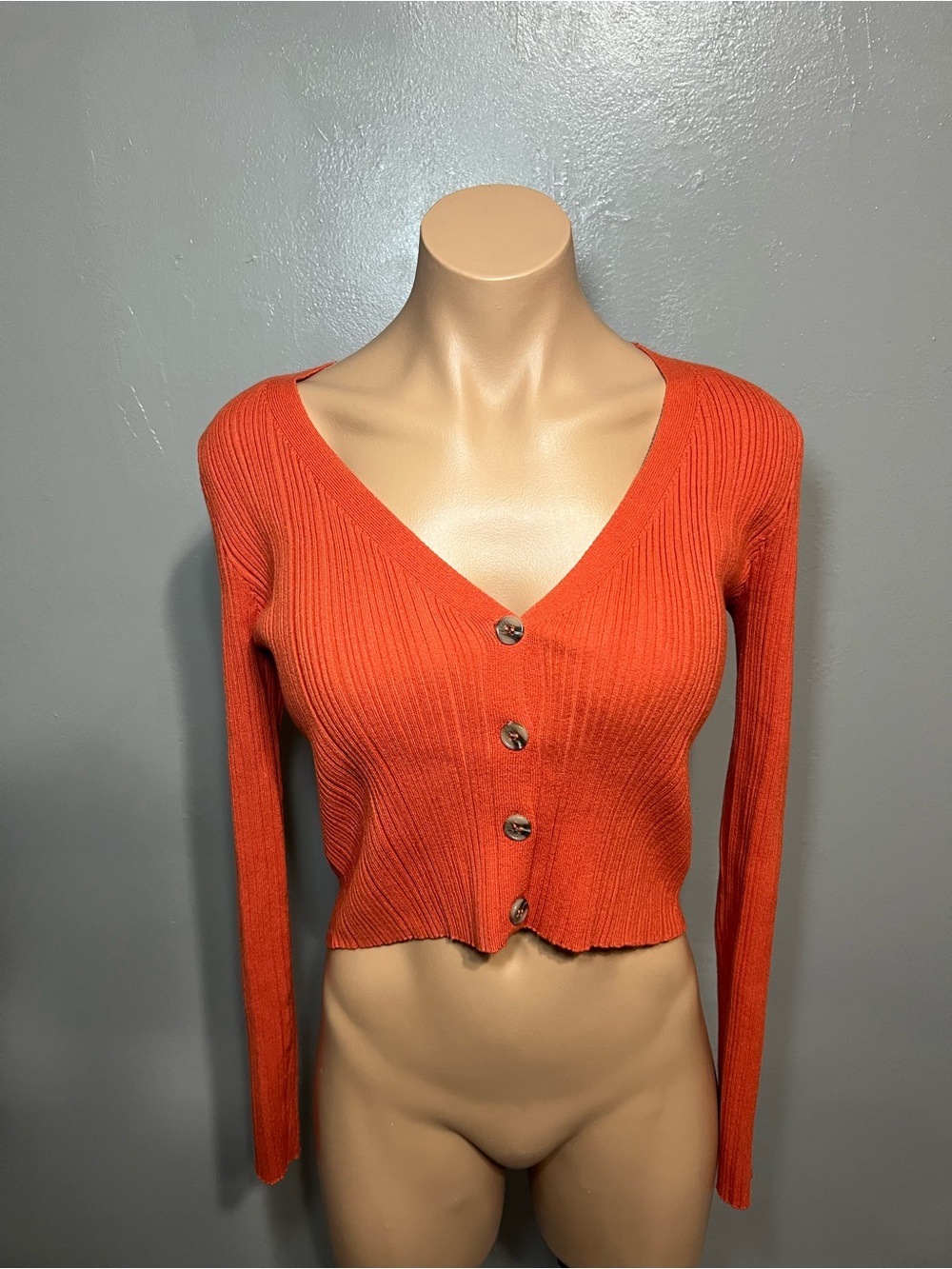 Forever 21 Ribbed Knit Button-Front Cropped Cardigan Orange Size M